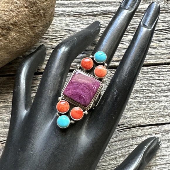 Navajo Sterling Silver Multi Stone Spiny Oyster Turquoise Ring Size 7.5 D Wylie - Picture 6 of 12